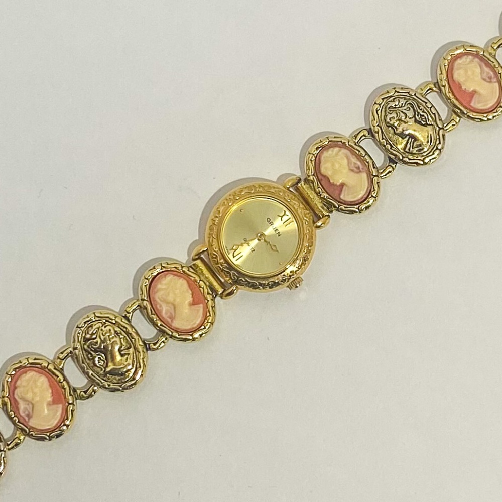 Vintage Antique Style Gruen Gold Quartz Watch With Lady Cameo